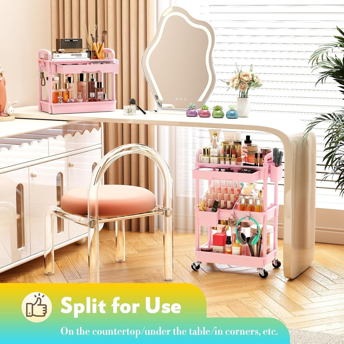 Pink Makeup Cart Organizer with Drawers and Rolling Storage