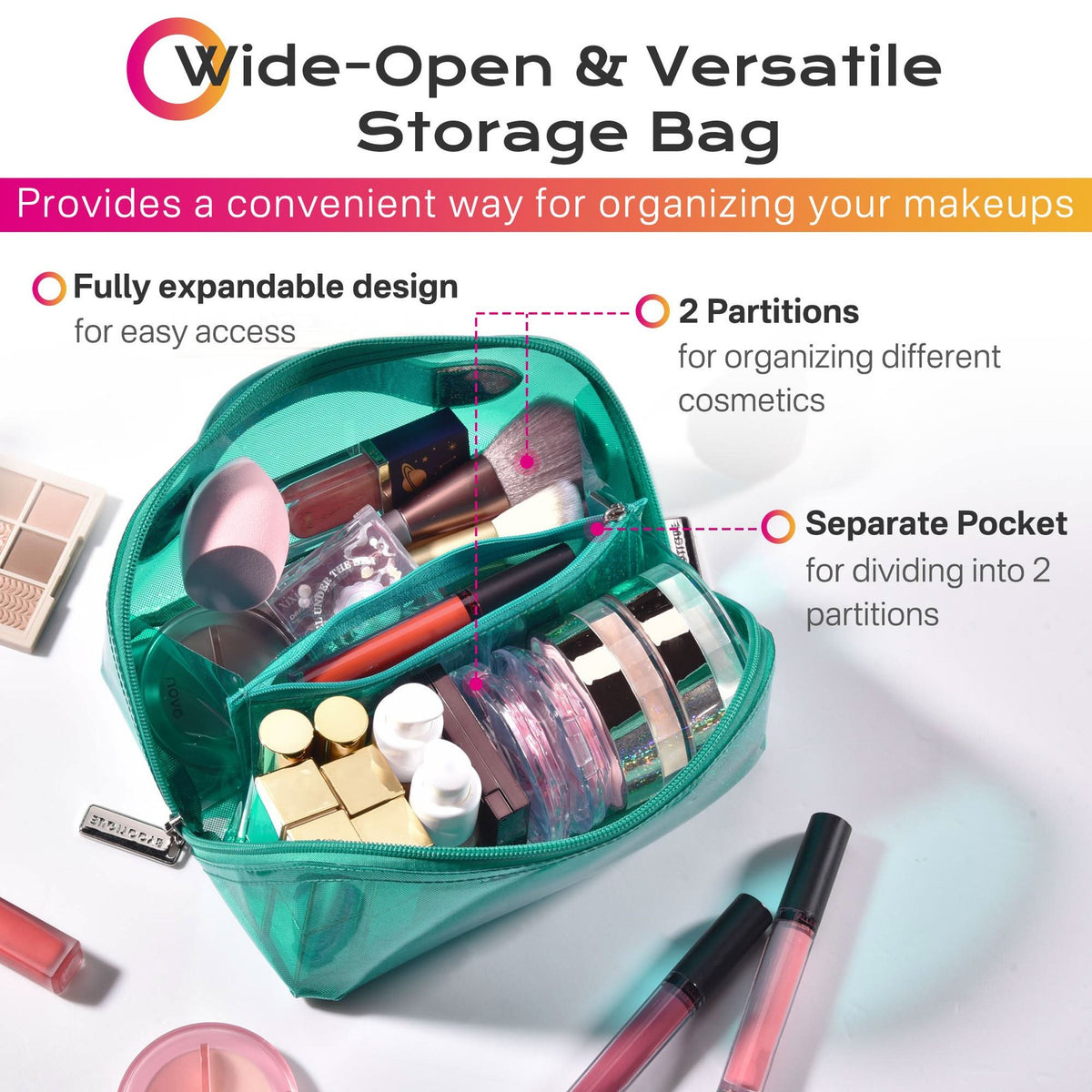 Portable Makeup Bag Waterproof PVC Travel Organizer with Wide Open Design - Green