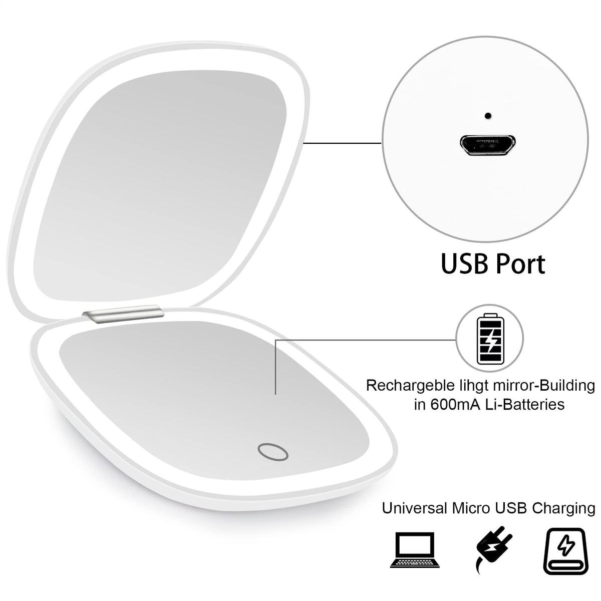 Rechargeable Lighted Compact Makeup Mirror with 1X/10X Magnification and Dimmable LED Lights