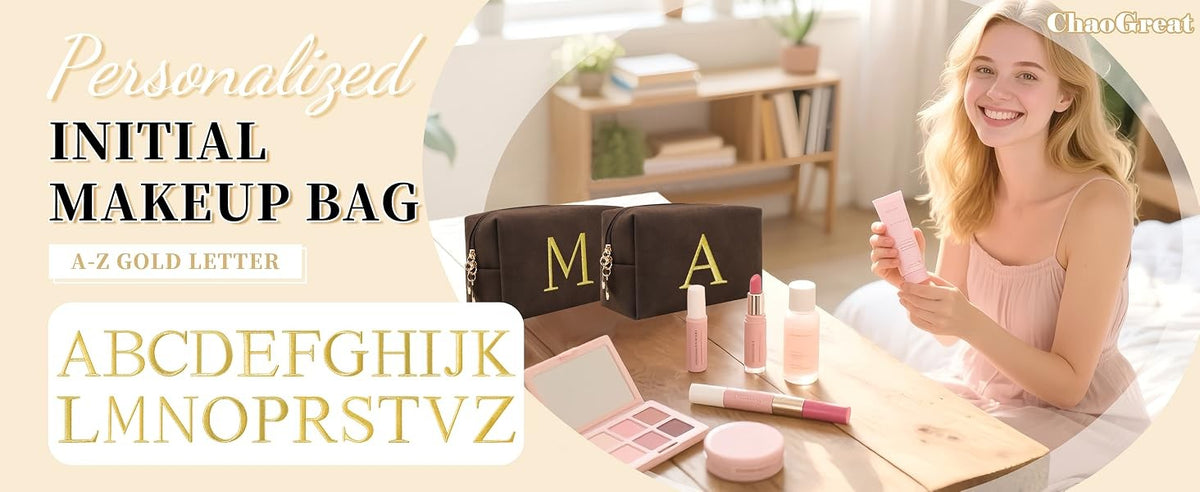 Personalized Initial Makeup Bag - Small Waterproof Cosmetic Travel Organizer