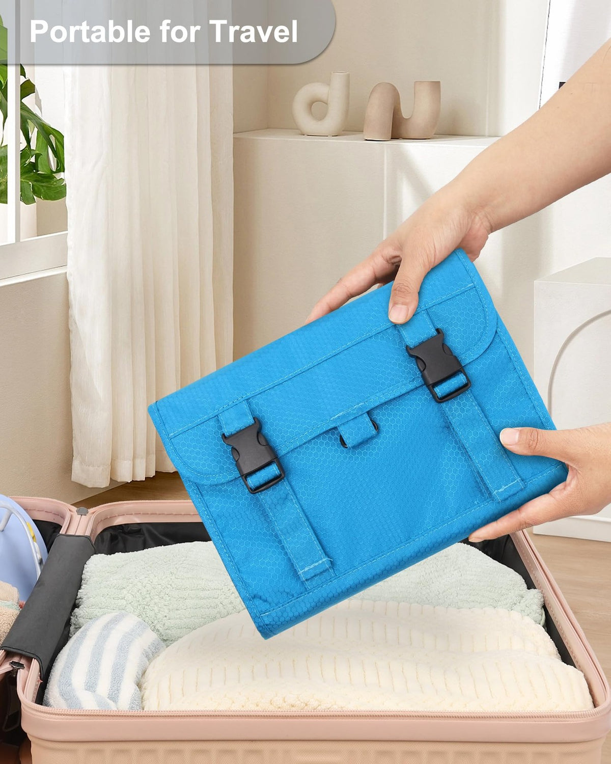 Large Travel Hanging Toiletry Bag with Multiple Compartments & Water-Resistant Nylon - Blue