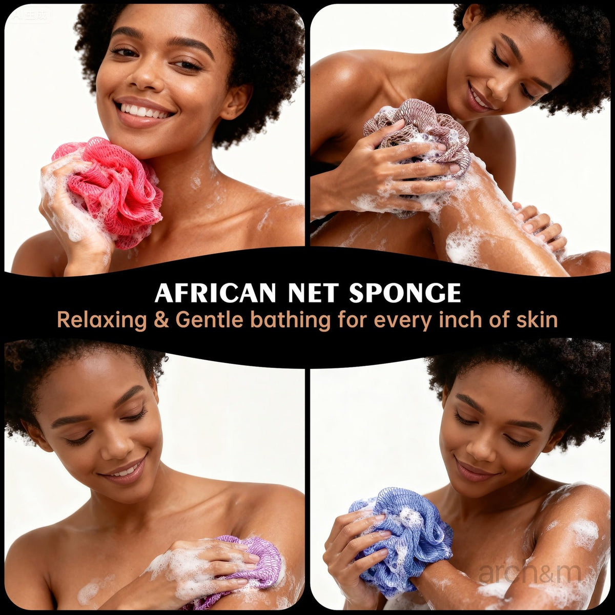 African Net Sponge for Exfoliation and Back Reach - Purple & Pink