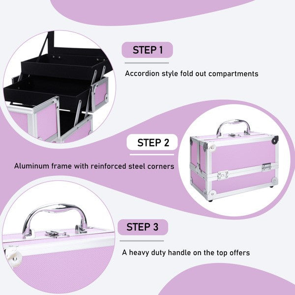 Pink Aluminum Makeup Train Case with Mirror, 9x6x6 in - Jewelry Organizer SM-2176