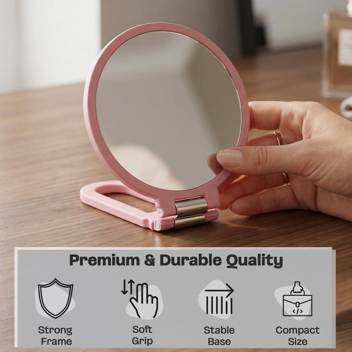 Round Handheld Mirror with 5X Magnification - Blush Pink & Silver Compact Beauty Mirror