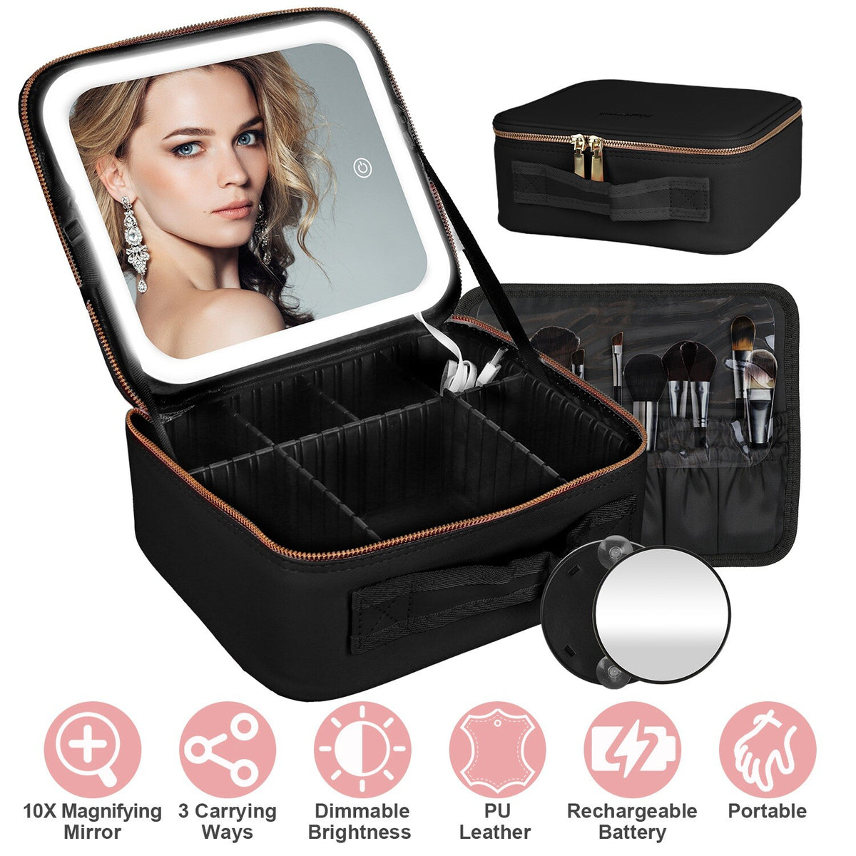 Travel Makeup Bag with LED Mirror and Adjustable Compartments Organizer