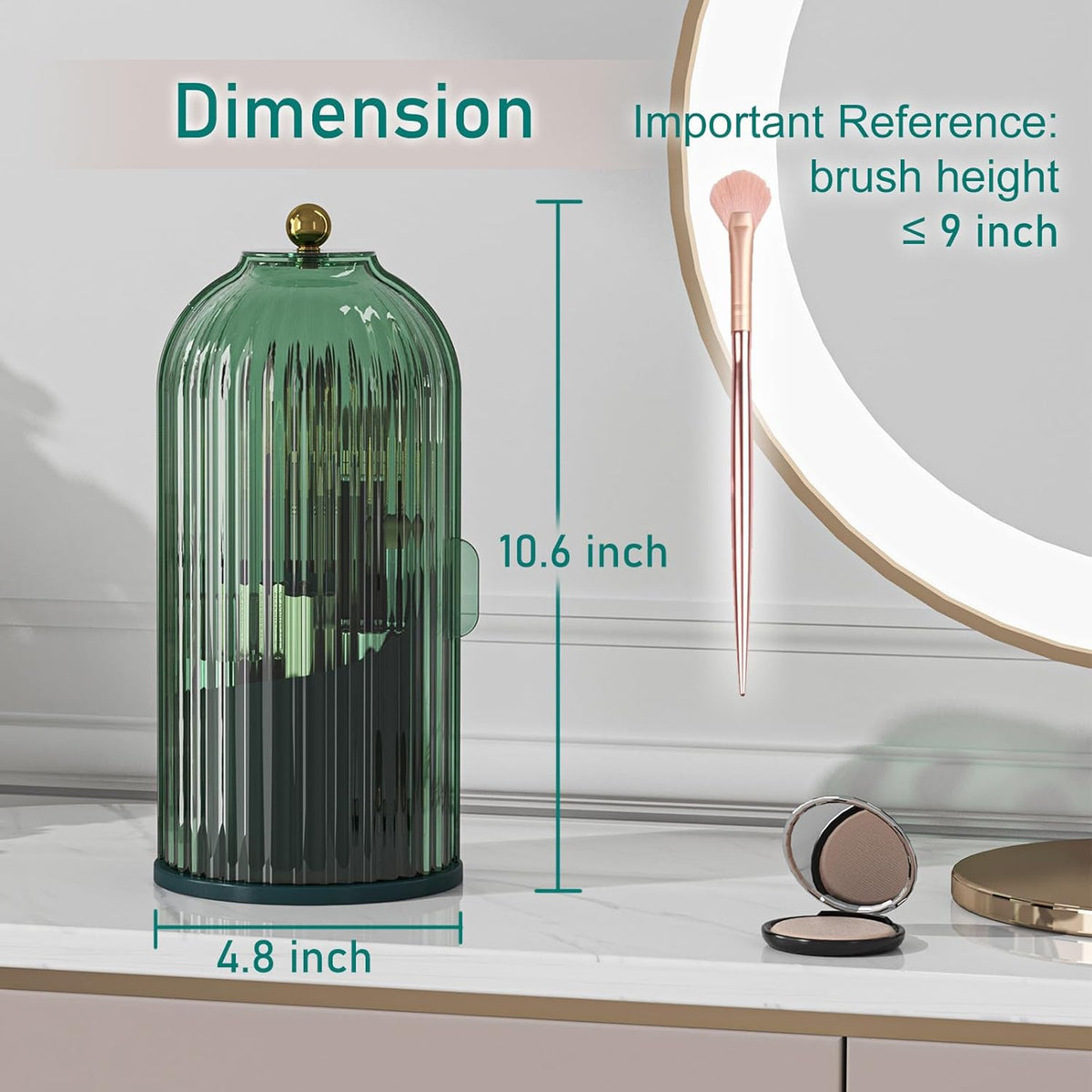 Rotating Makeup Brush Organizer with Lid - Green, 360° Waterproof Dustproof