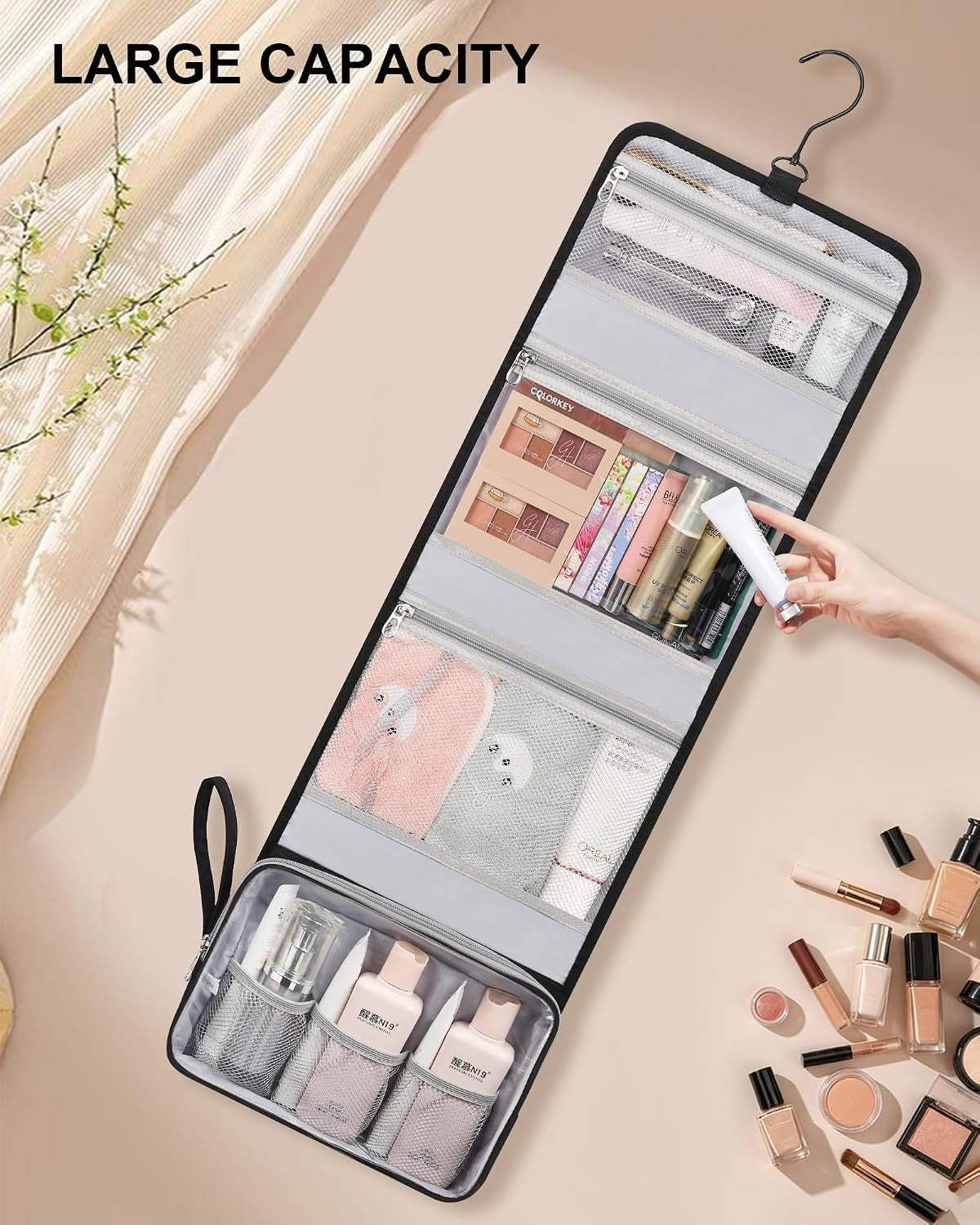 Large Capacity Hanging Toiletry Bag with Hook Travel Organizer