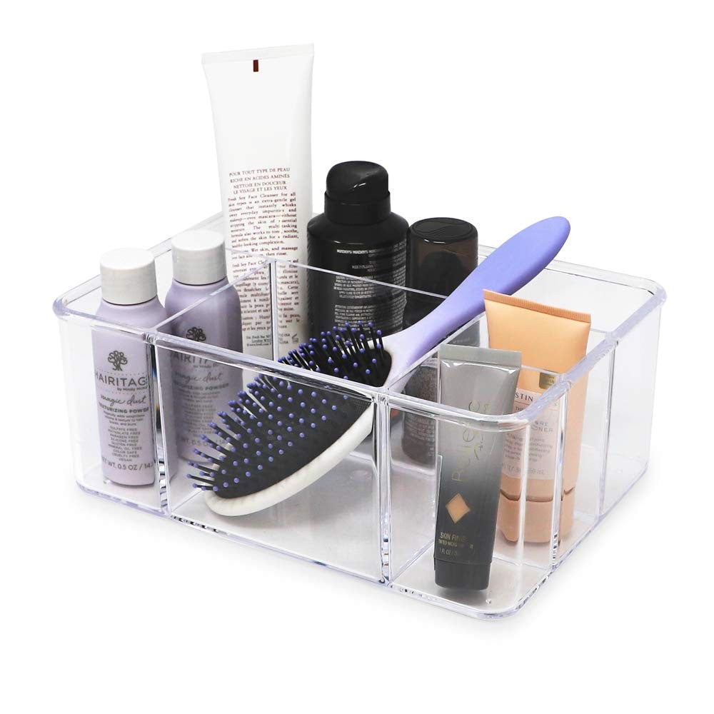 Clear Acrylic Makeup Brush Holder Organizer with 5 Compartments - 10x7x4 Inches