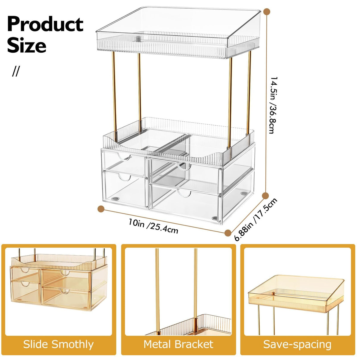 4-Drawer Makeup Organizer with 4 Tiers, Cosmetic Storage for Bathroom & Vanity