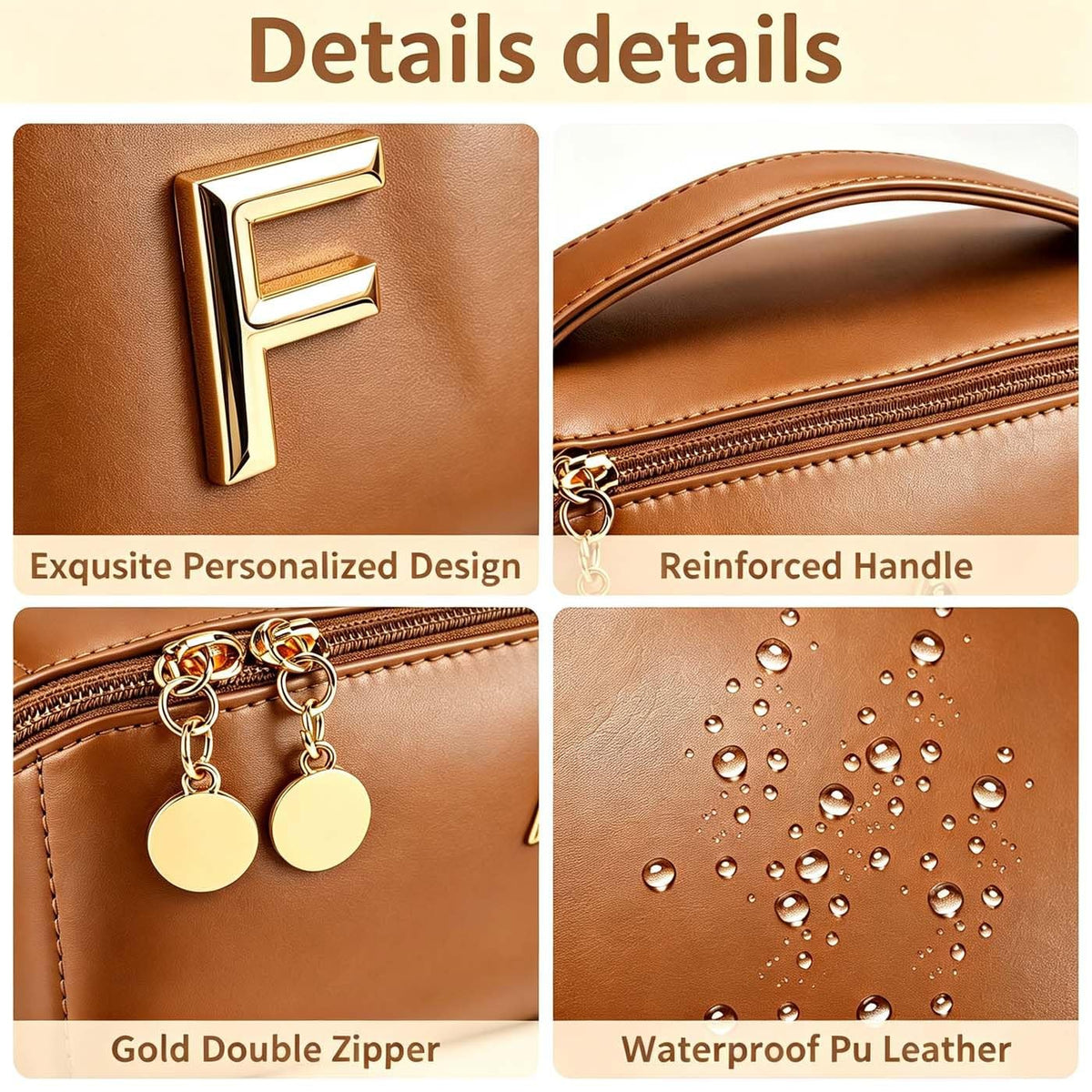 Personalized Initial Makeup Bag - Brown Travel Cosmetic Organizer