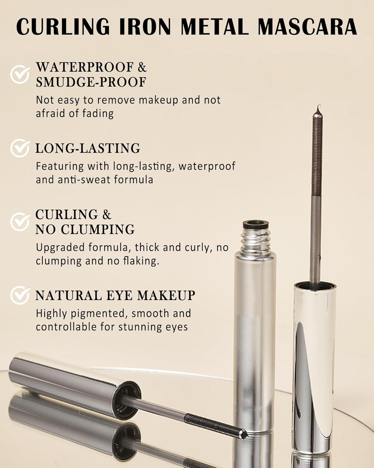 Waterproof Lengthening Mascara with Metal Wand - Clump-Free, 3D Volume, Black
