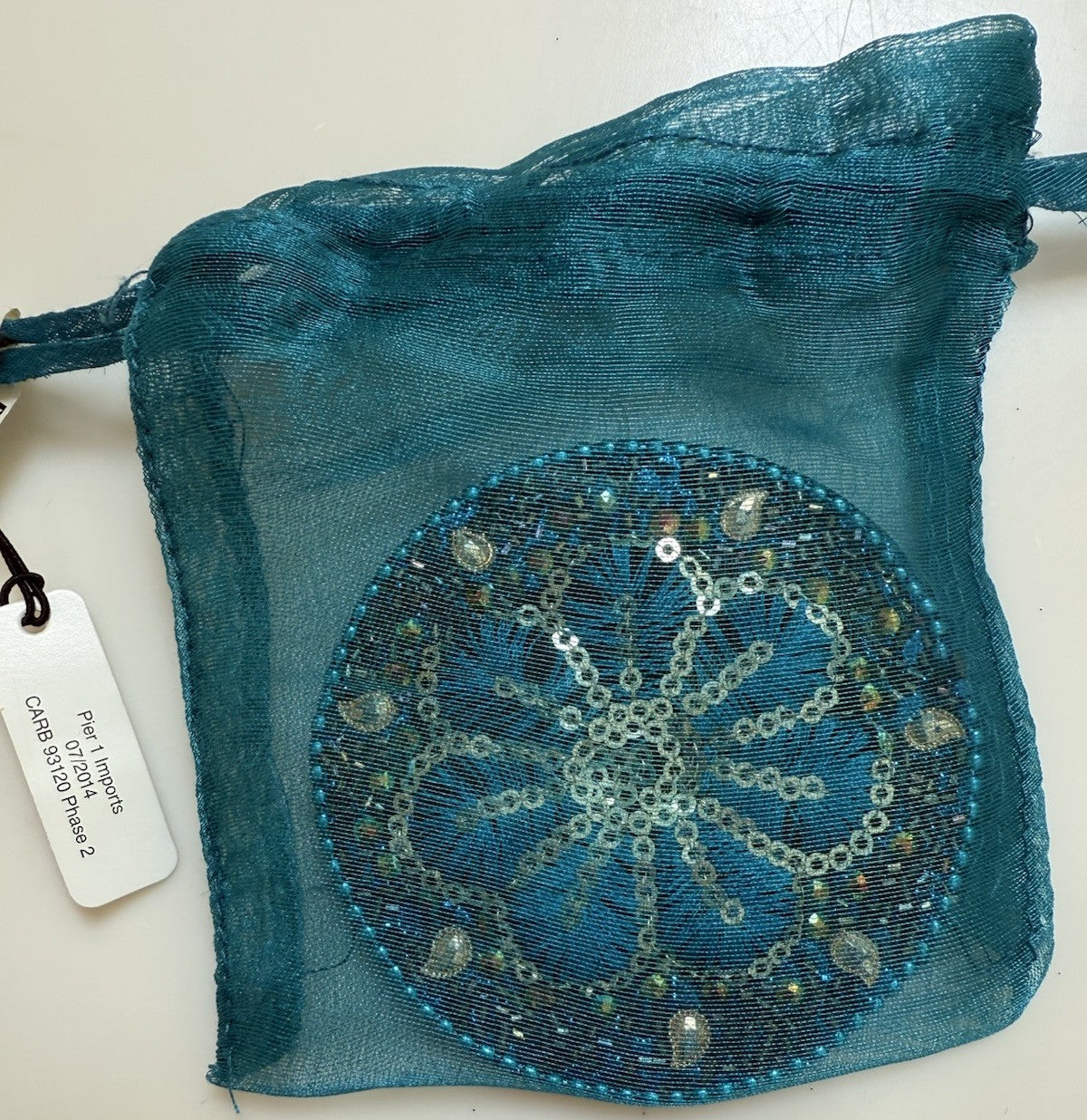 Vintage Beaded Compact Mirror with Teal Beads and Pouch