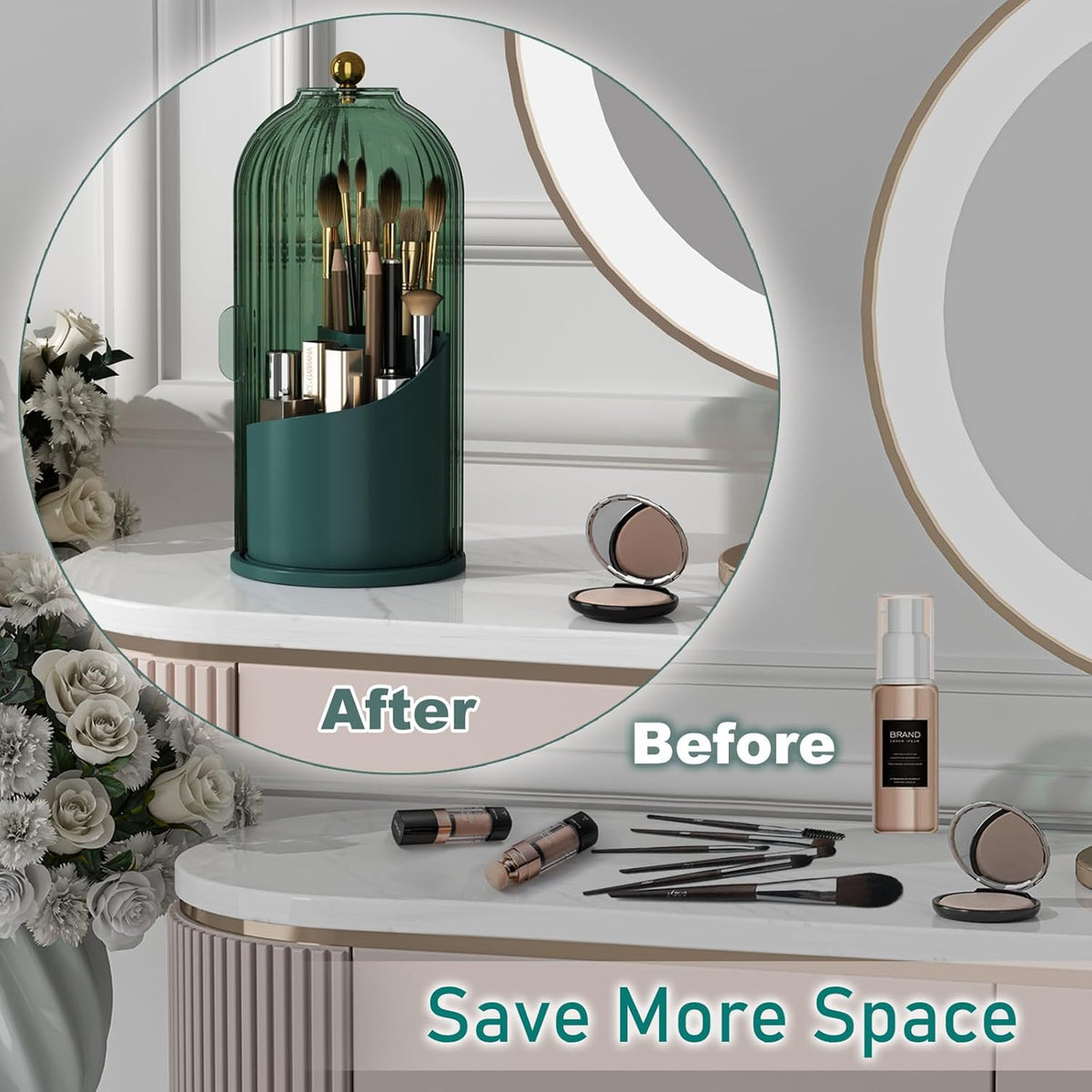 Rotating Makeup Brush Organizer with Lid - Green, 360° Waterproof Dustproof