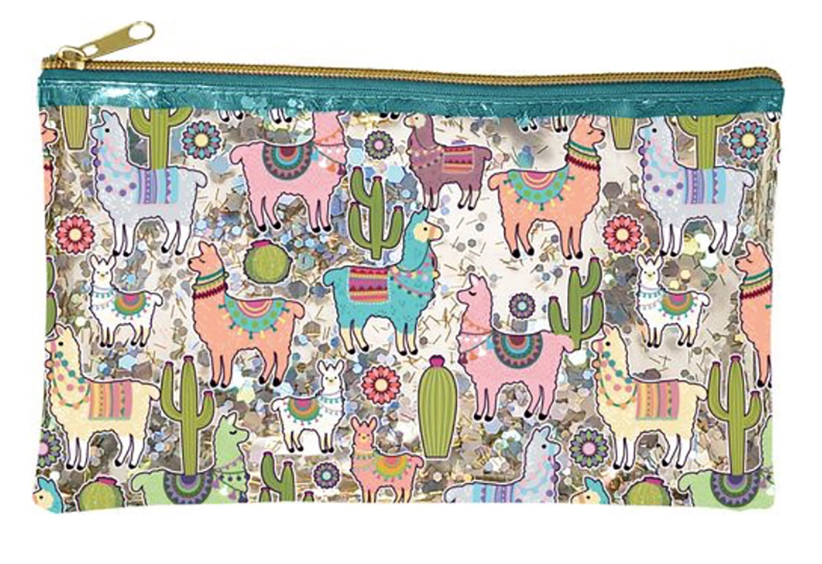 Llama Glitter Cosmetic Bag - Multicolor Vinyl Makeup Storage Pouch