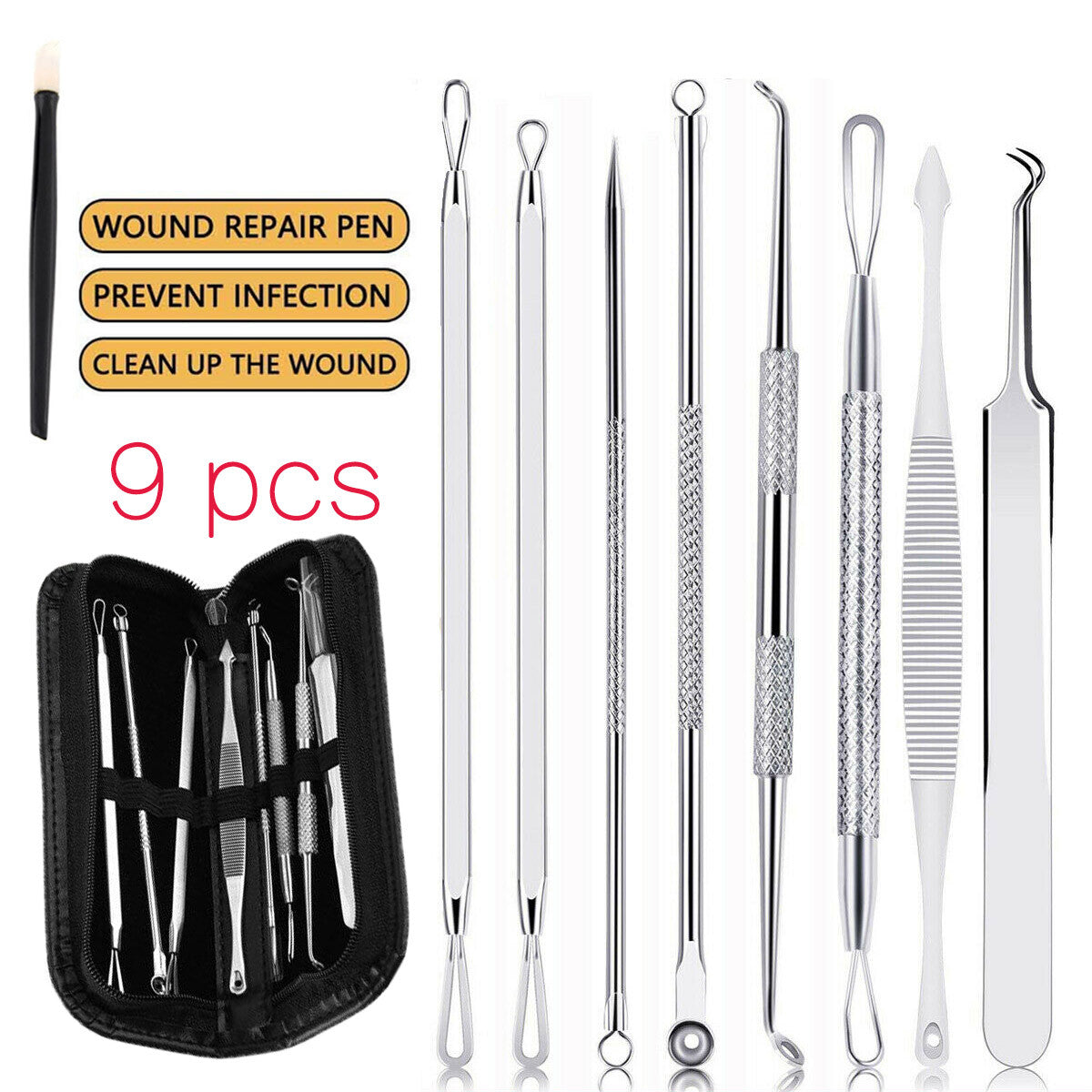 Professional Blackhead Remover Kit with 9 Stainless Steel Extractors & Travel Case