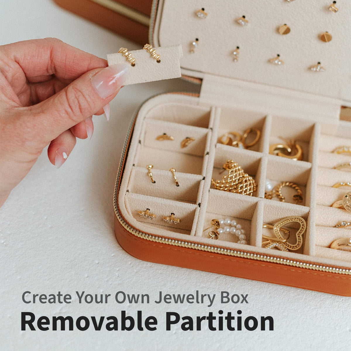 Travel Jewelry Organizer Case for Women - Small Tan PU Leather Jewelry Box