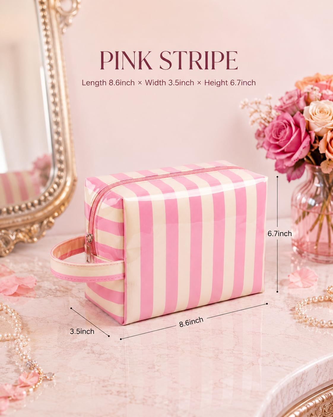 Waterproof Makeup Bag with Pink Beige Stripe Clear PVC Travel Organizer
