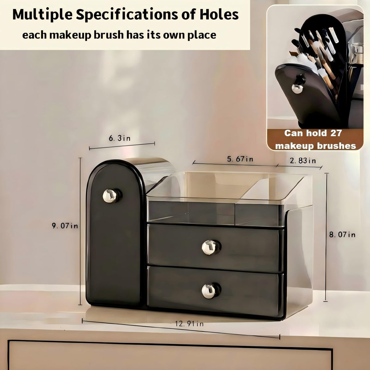 Makeup Organizer with Brush Holder and Drawers for Vanity - Black