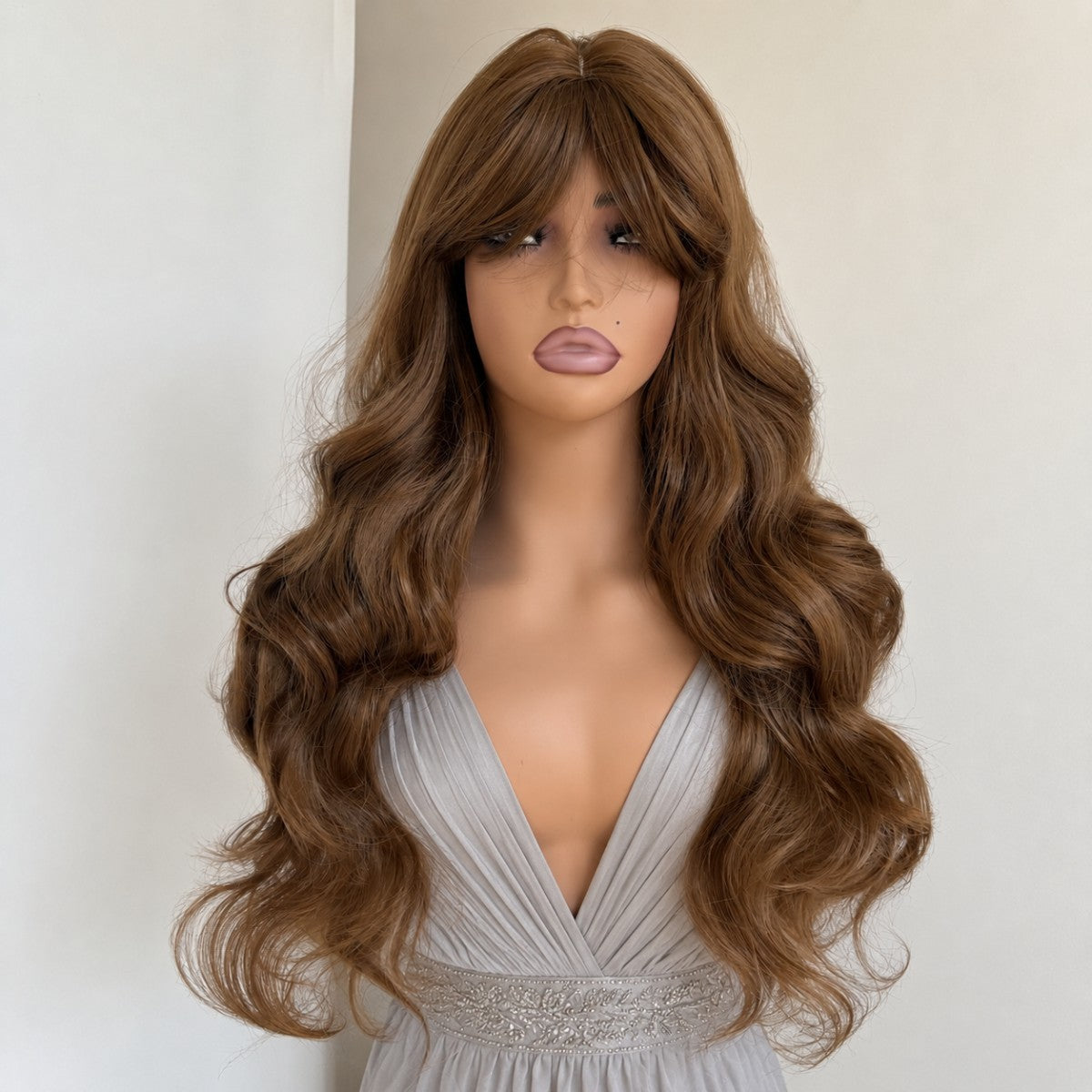 Natural Medium Brown Wavy Cosplay Wig with Bangs - Heat Resistant Synthetic Hair