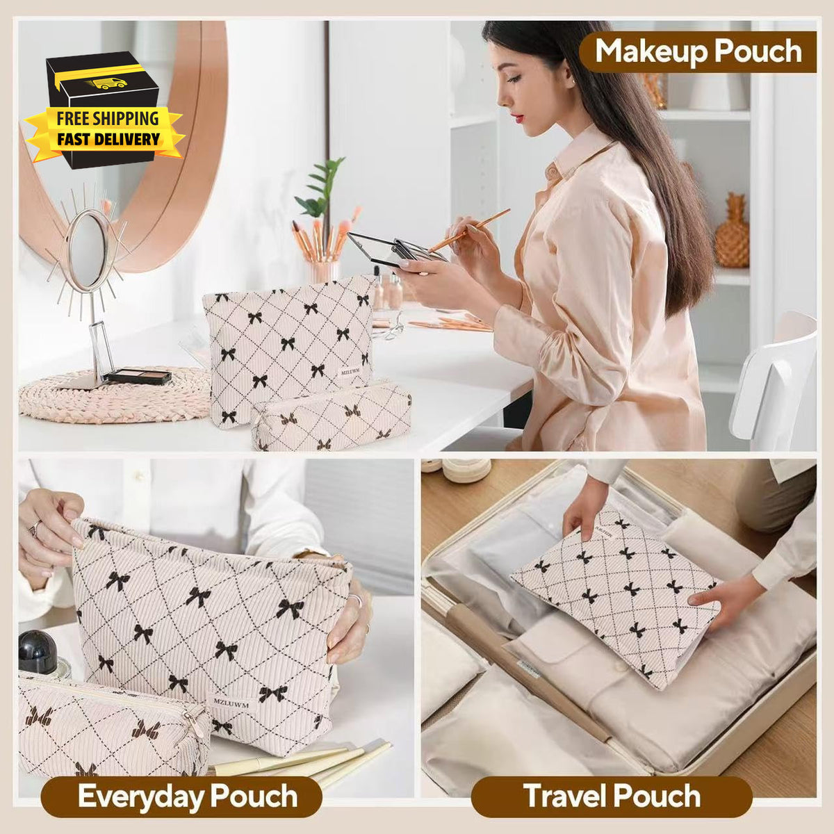 Large Capacity Corduroy Makeup Bag Set with Brush Storage for Travel & Daily Use