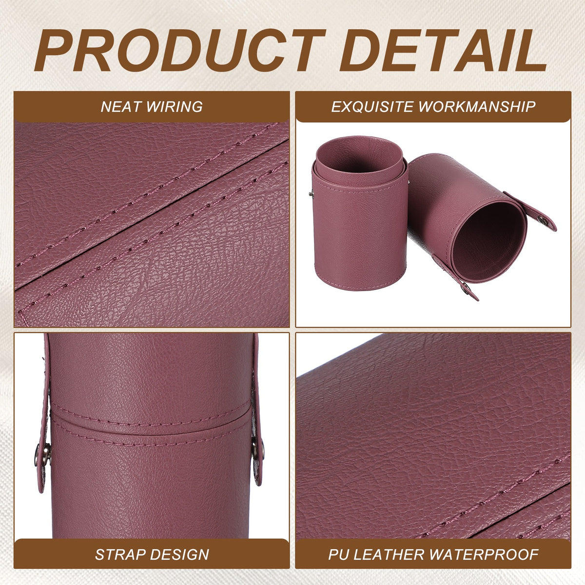 Portable Makeup Brush Holder with Strap - Waterproof Dark Red