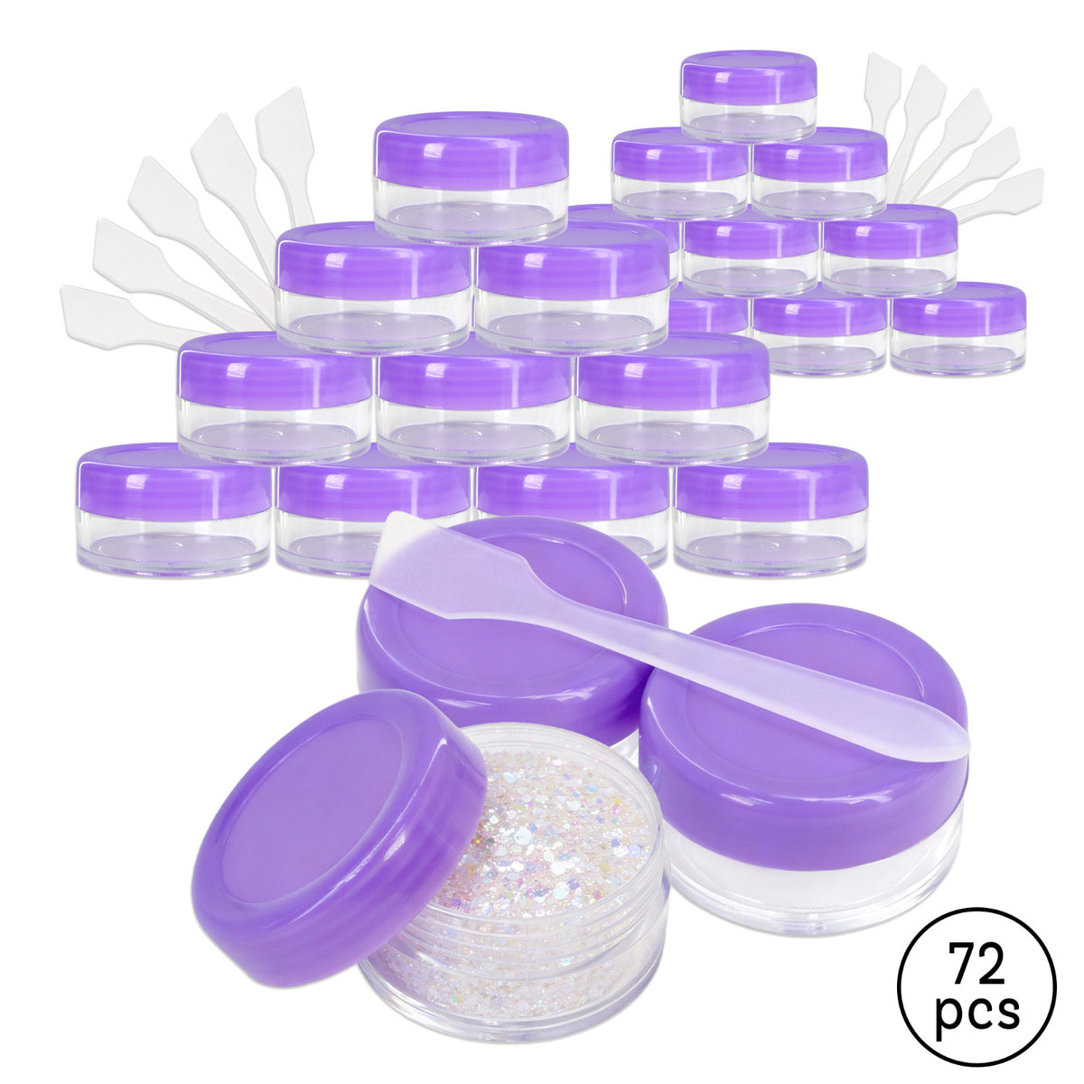 72-Pack 10G Cosmetic Sample Jars with Spatulas - Reusable Acrylic Containers