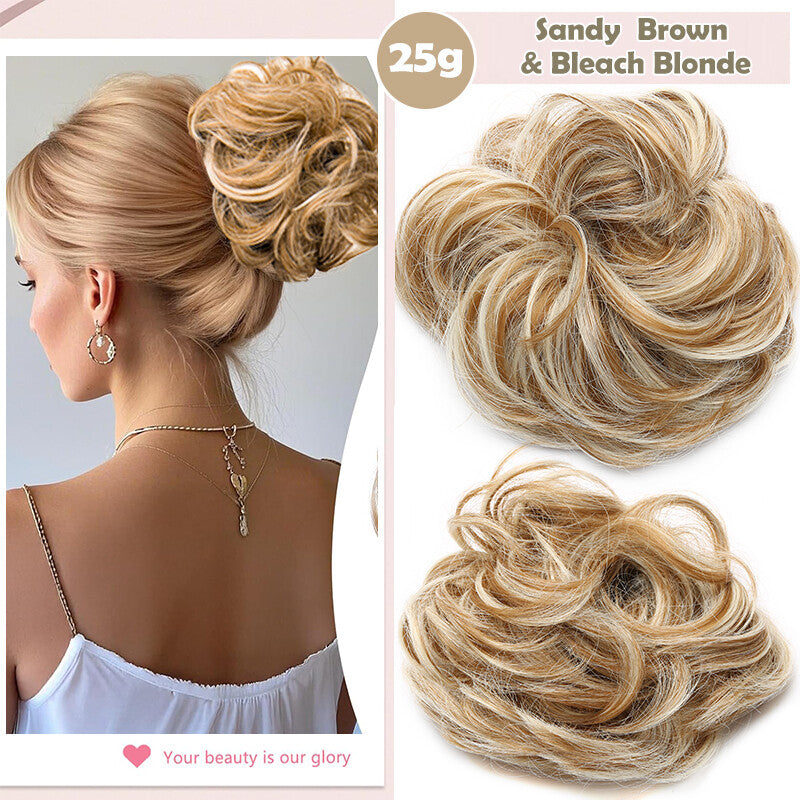 Natural Human Hair Messy Bun Ponytail Extensions with Curly Scrunchie Updo