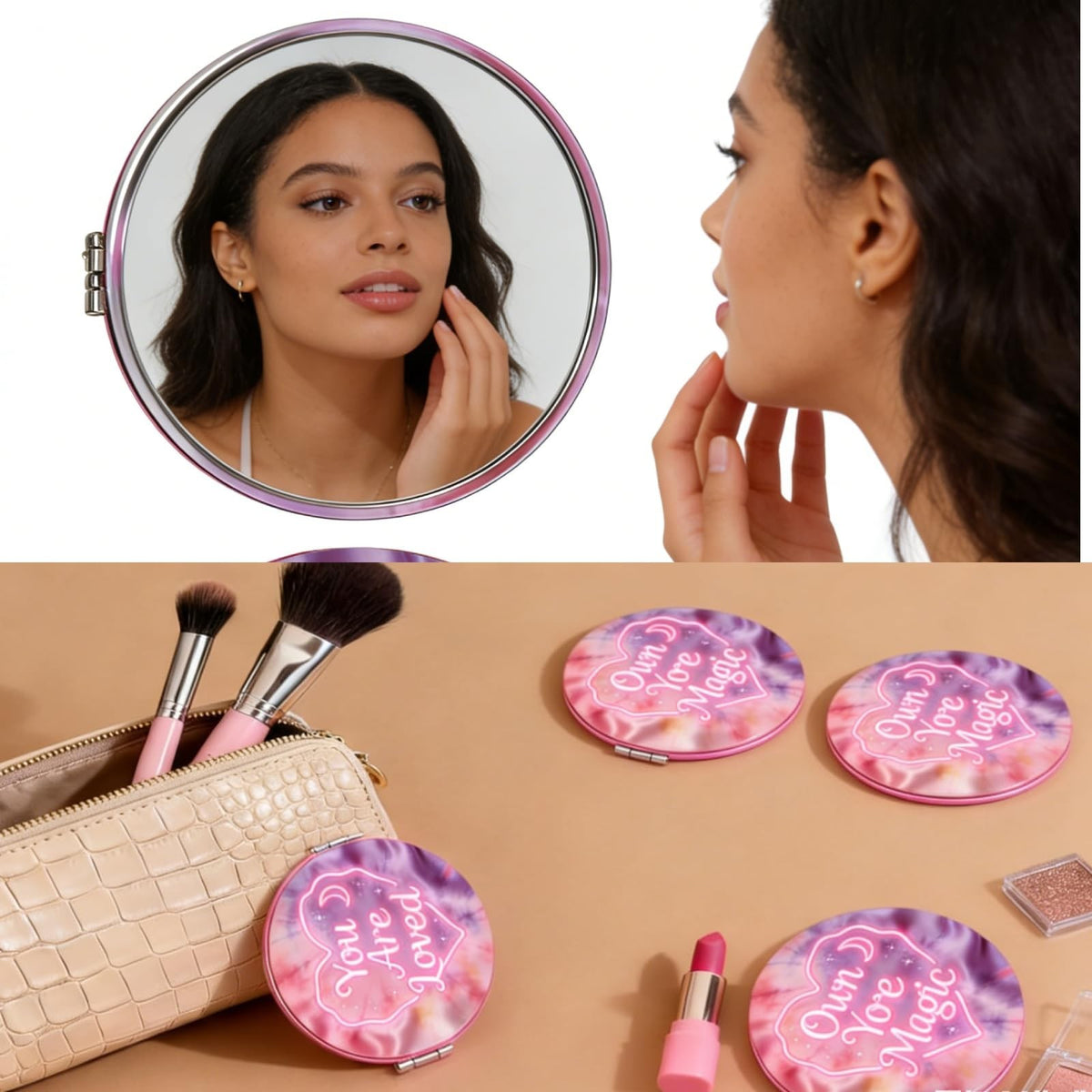 Neon Heart Travel Compact Mirror with 'You Are Loved' - Pink Pocket Mirror