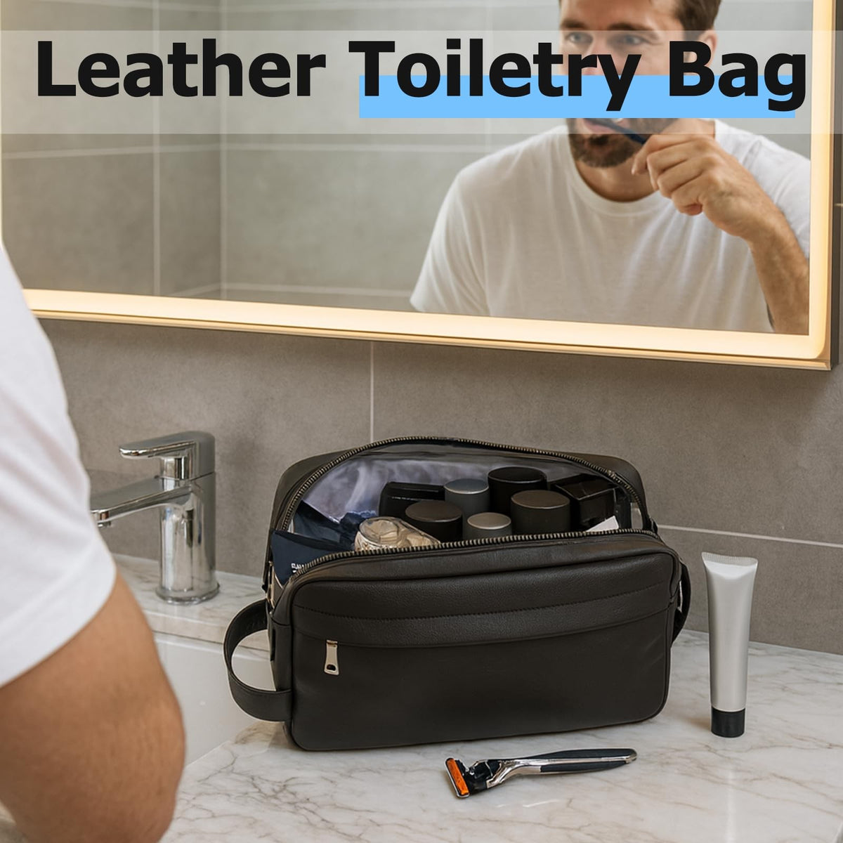 Water-Resistant Leather Men’s Travel Toiletry Bag Dopp Kit Black