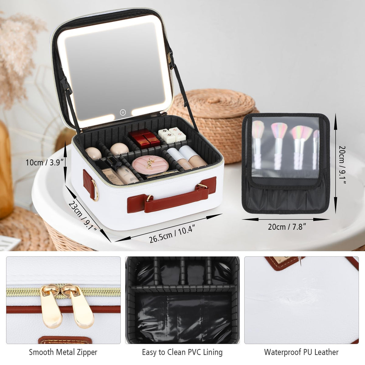 Travel Makeup Bag with LED Lighted Mirror, Adjustable Compartments, Waterproof Leather