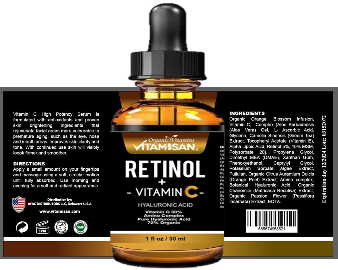 Retinol Vitamin C Hyaluronic Acid Face Serum Anti-Aging Wrinkle Treatment - 3 Oz