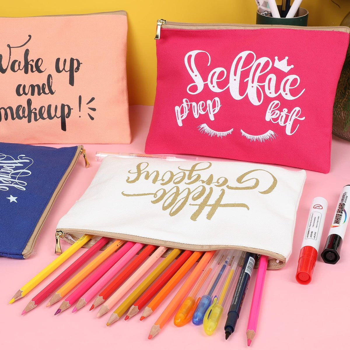 6-Pack Funny Canvas Makeup Bags Portable Cosmetic Pouches for Women & Travel