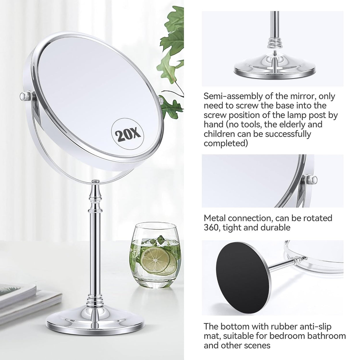 20X Double-Sided Magnifying Mirror with Stand - 360° Rotation for Makeup & Grooming