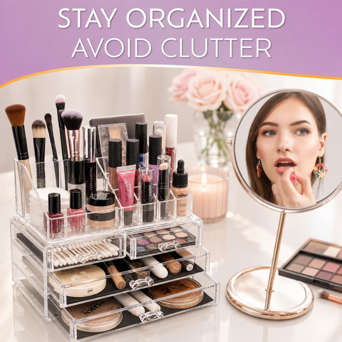 Acrylic Makeup Organizer Countertop with Drawers and Compartments