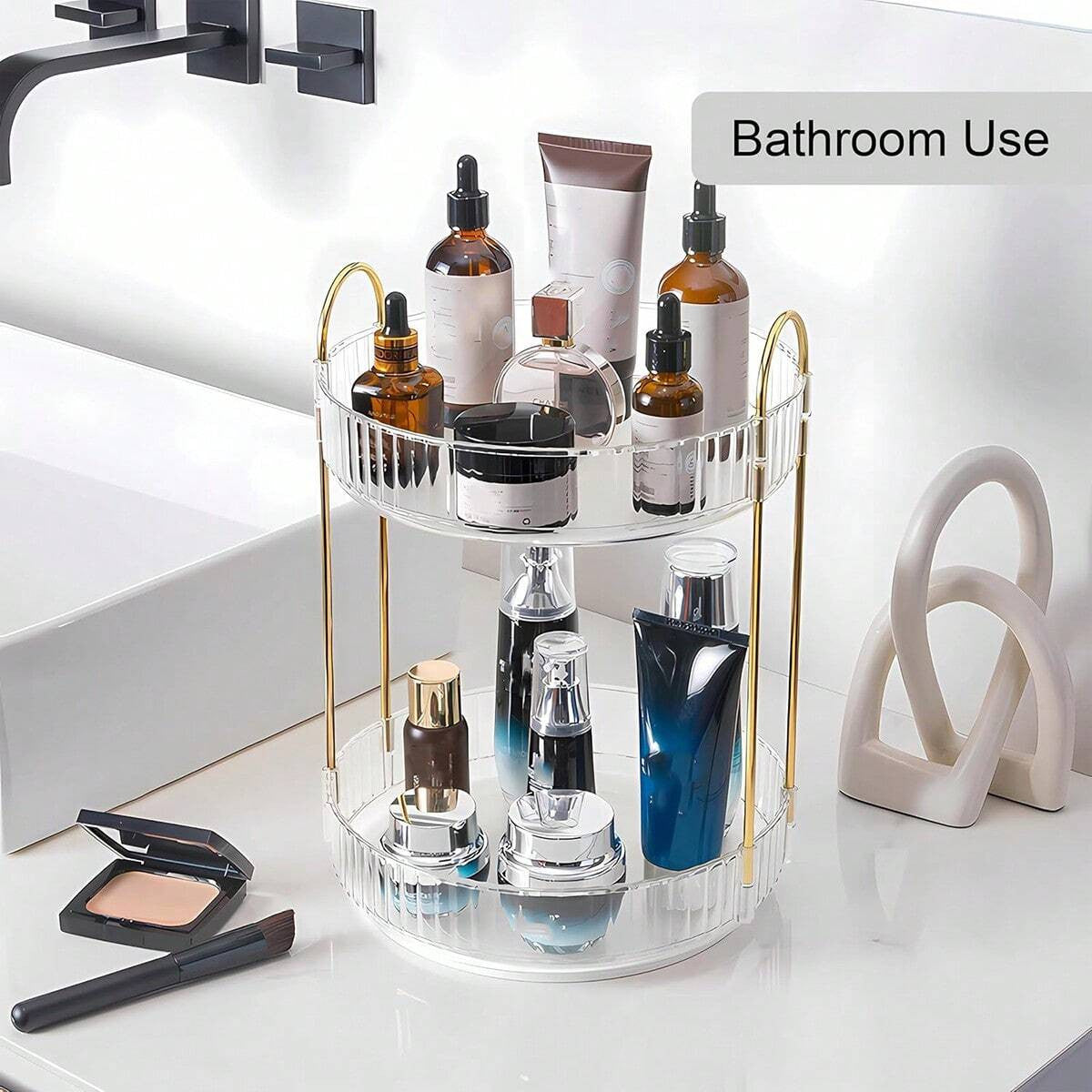 360° Rotating Makeup Organizer 2-Tier Bathroom Storage for Cosmetics