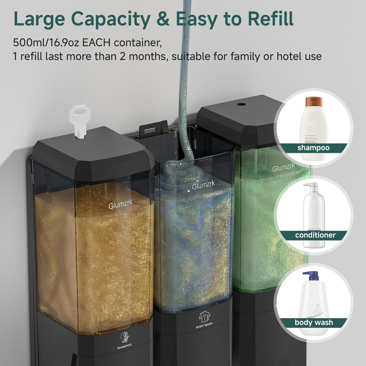 Shampoo and Conditioner Dispenser 3 Chamber 17oz No Drill Shower Soap