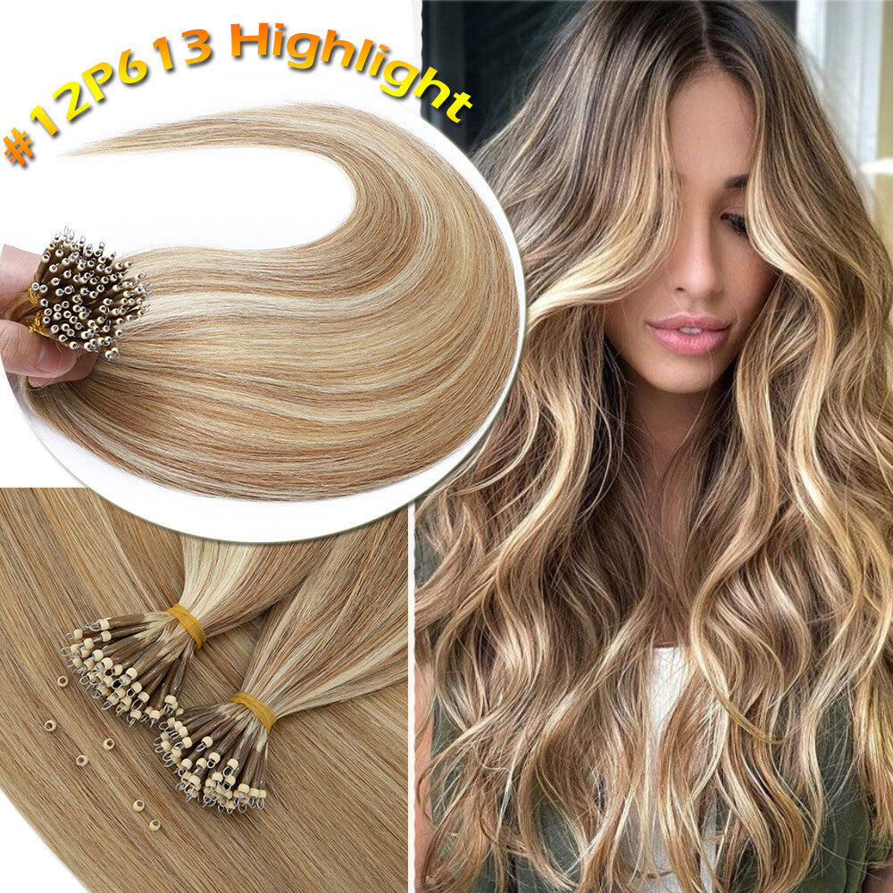 Thick Remy Human Hair Extensions Nano Ring Beaded Weft 12-24 Inch Blonde