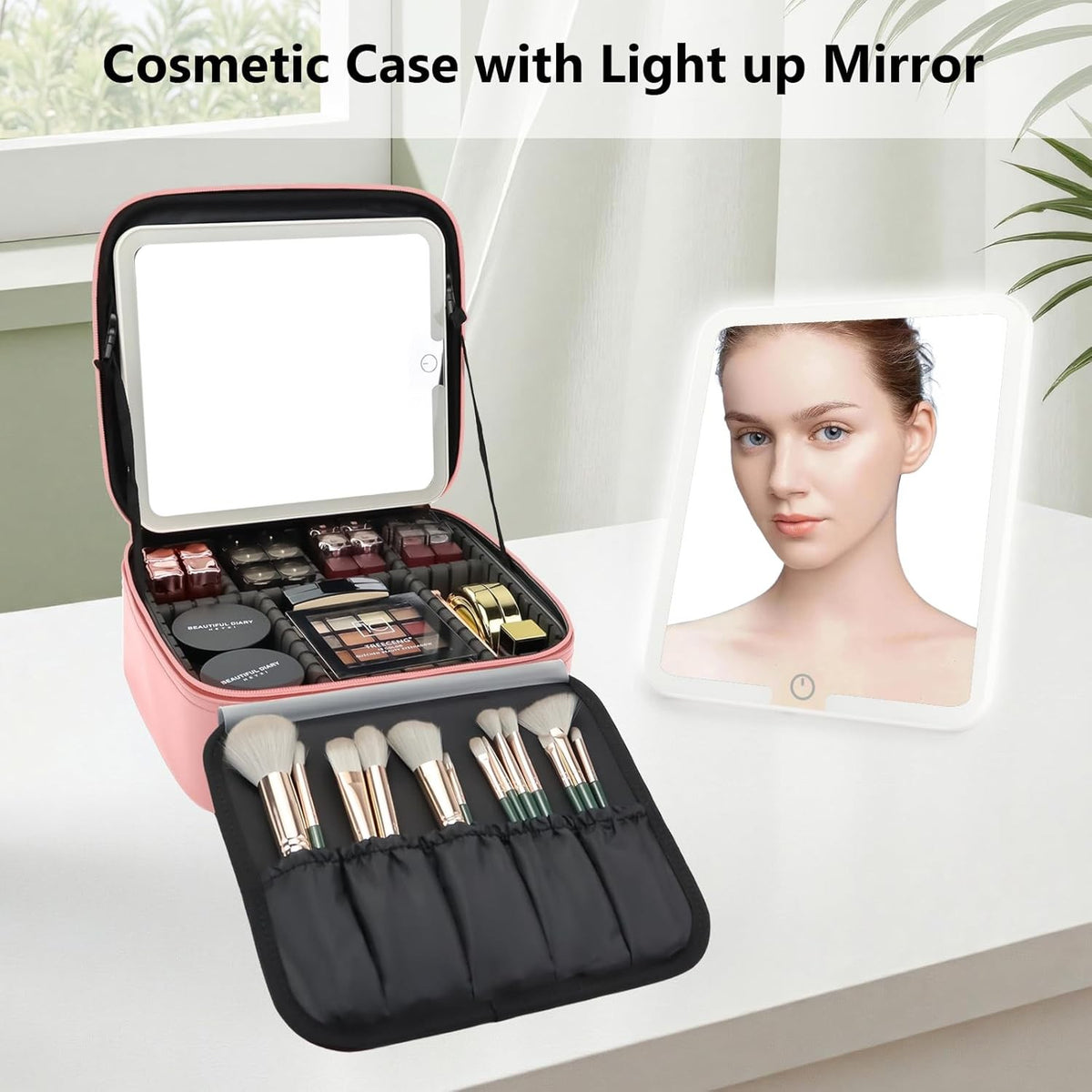 Travel Makeup Bag with LED Mirror and Adjustable Dividers, Waterproof