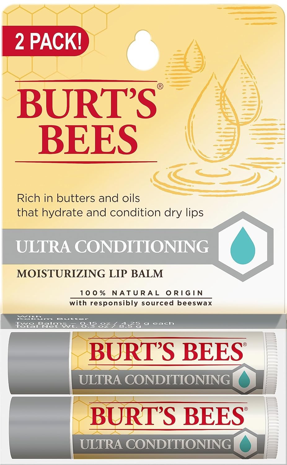 Natural Hydrating Lip Balm Set - Ultra Conditioning Moisturizer, 2 Tubes