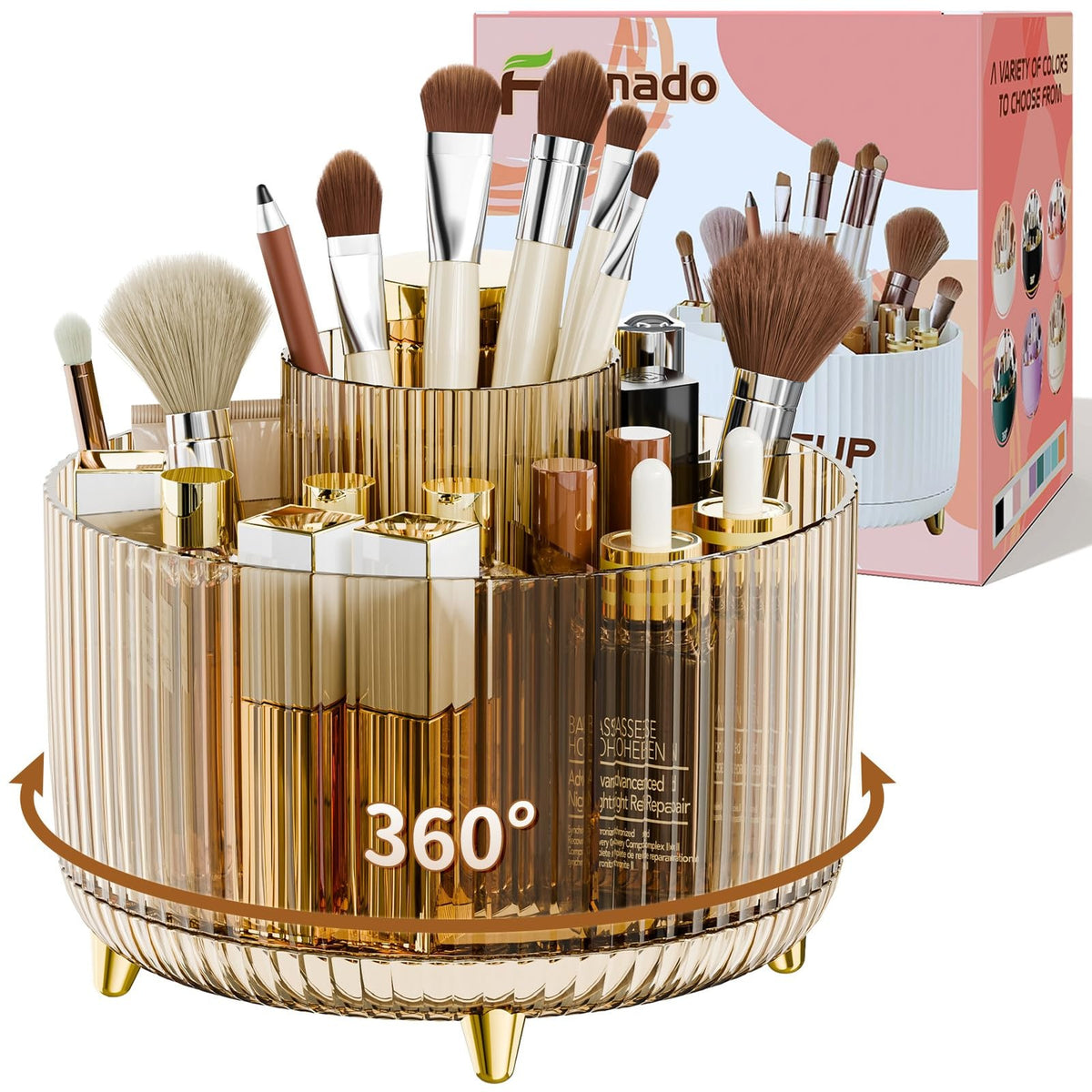 360° Rotating Makeup Brush Holder Organizer with Clear Amber Finish