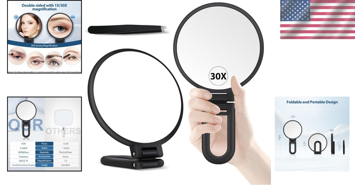 30X Magnifying Hand Mirror with Handle and Double-Sided Reflection