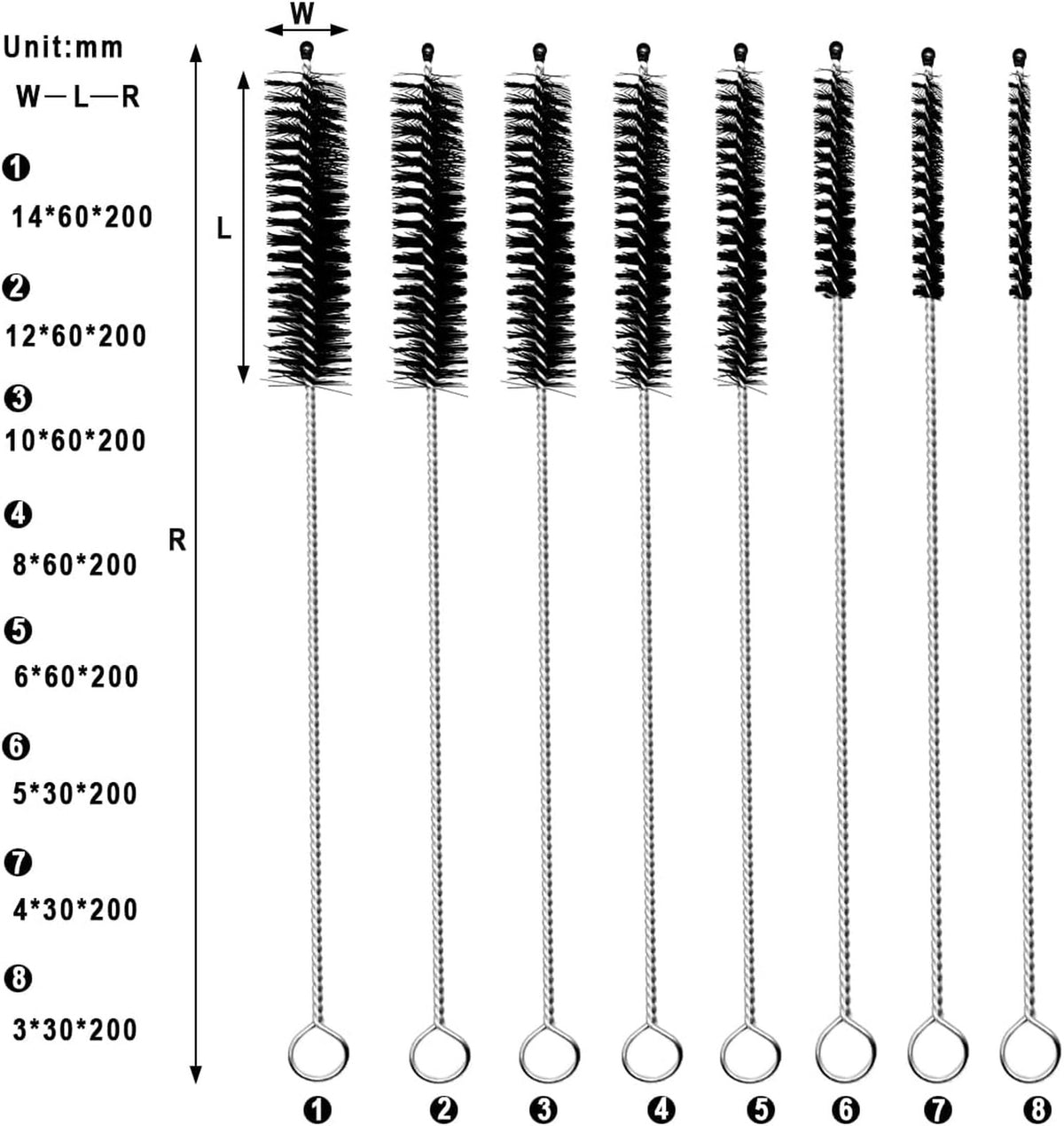 Stainless Steel & Nylon Tube Cleaning Brushes Set - 8 Sizes for Pipes, Bottles, & Auto Parts
