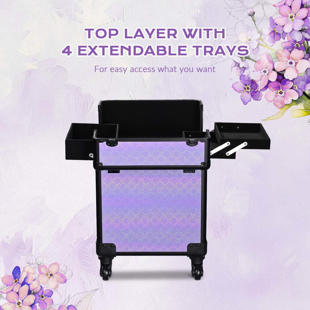 Rolling Makeup Train Case with Extendable Trays - Purple Charm Design