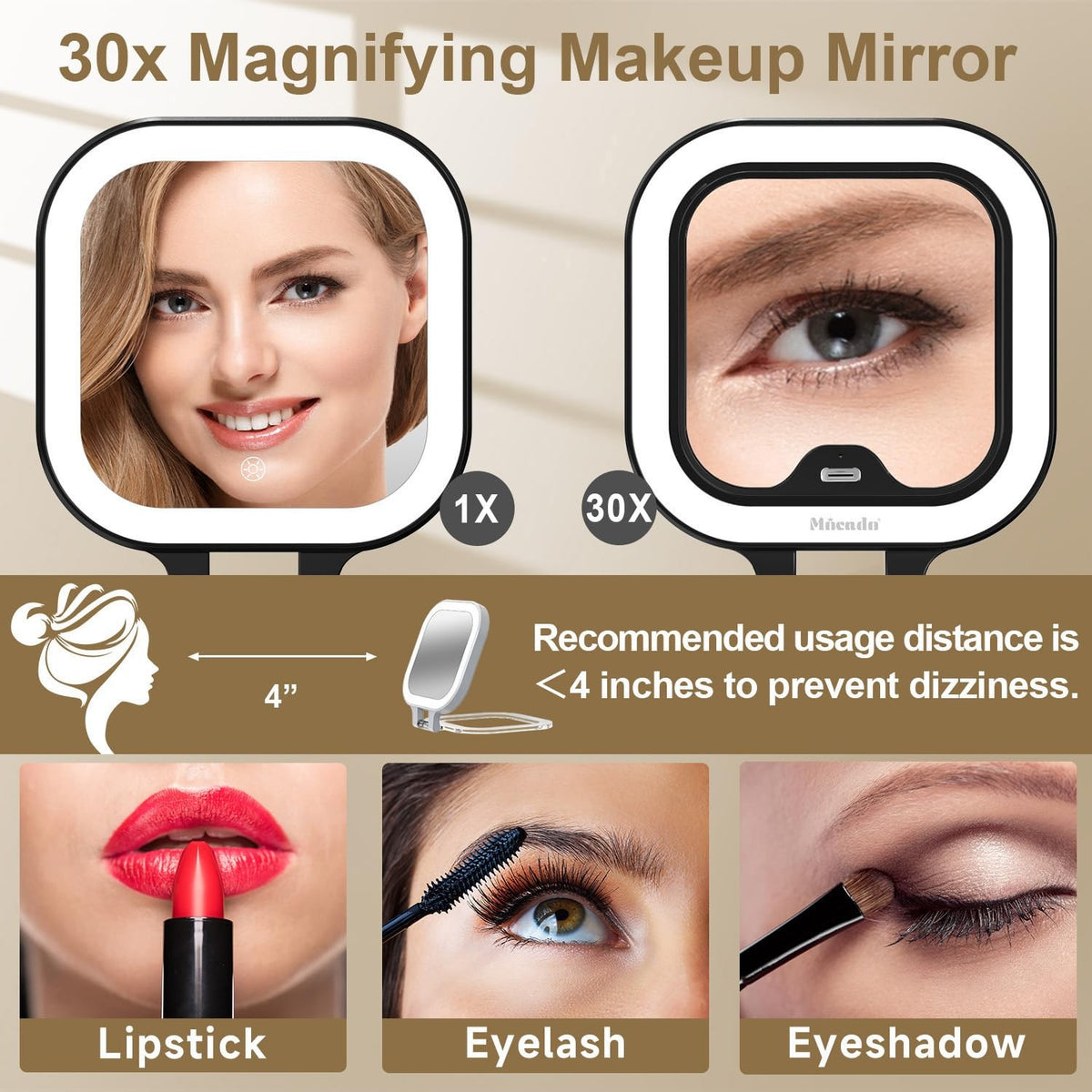 Travel Makeup Mirror with LED Light, 1X/30X Magnification, Compact & Double-Sided