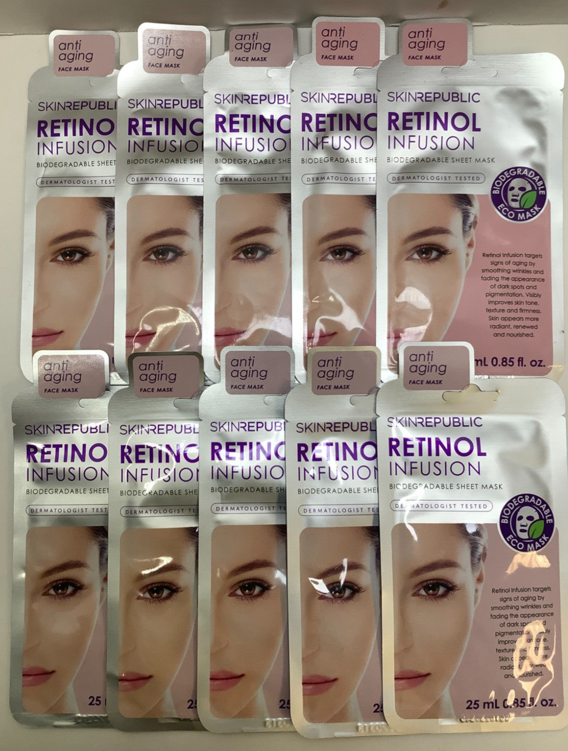 Retinol Infusion Biodegradable Sheet Mask, Anti-Aging, 10 Pack