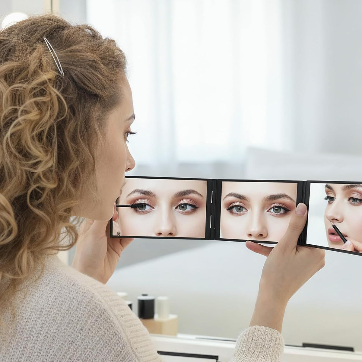 Foldable 4-Way Makeup & Haircut Mirror Portable 360° Handheld Black