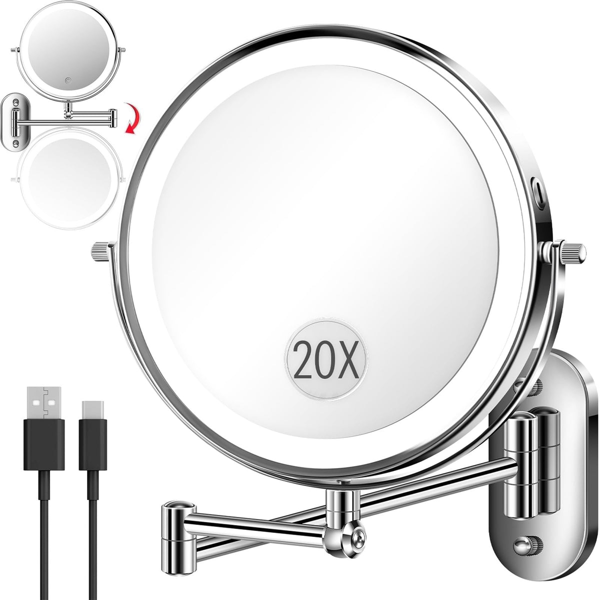9-Inch Wall Mounted Makeup Mirror with LED Lights, 20X Magnification, Rechargeable & Adjustable Arm