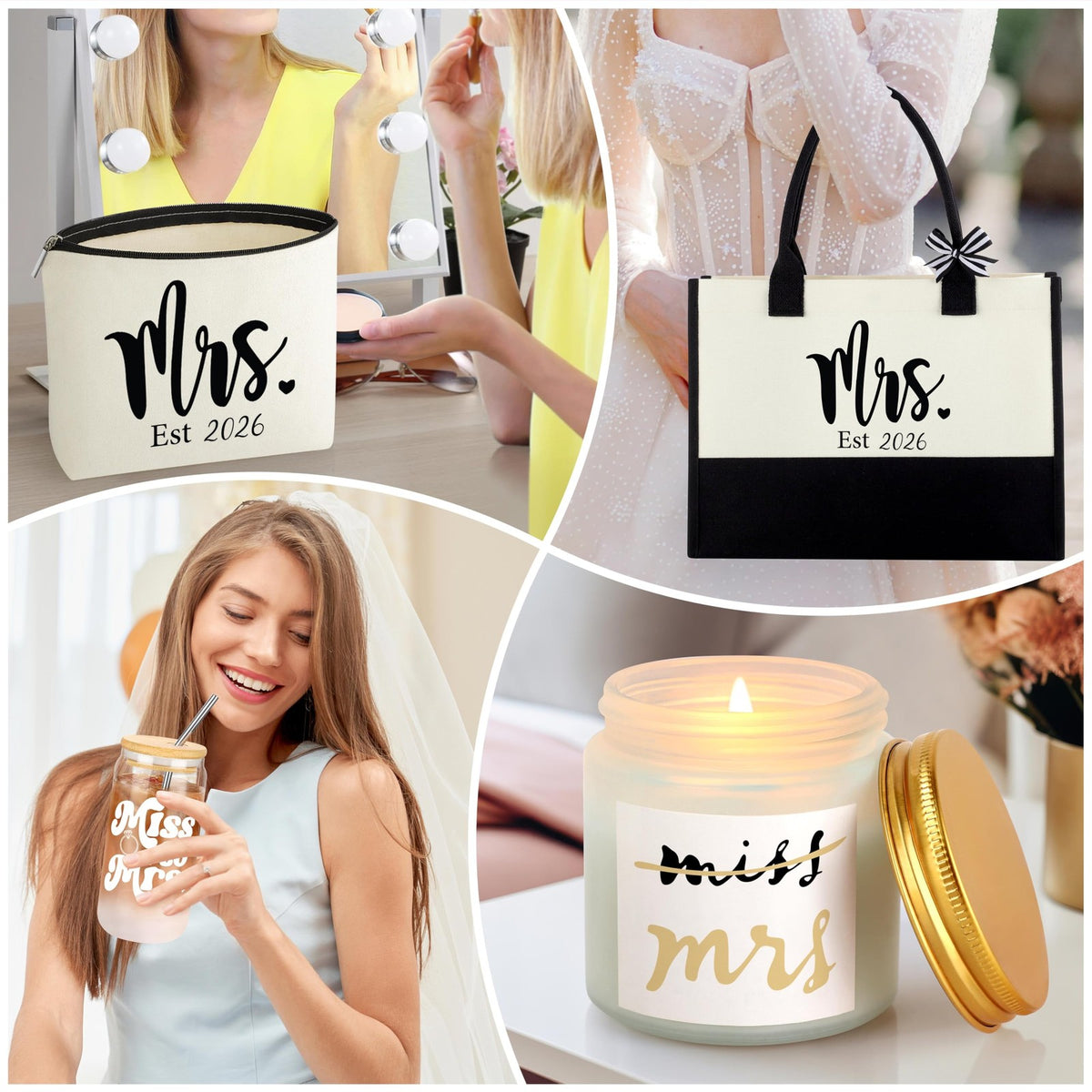 Bride Gift Set with Glass Cup Tote Cosmetic Pouch & Greeting Card - Bridal Shower & Wedding