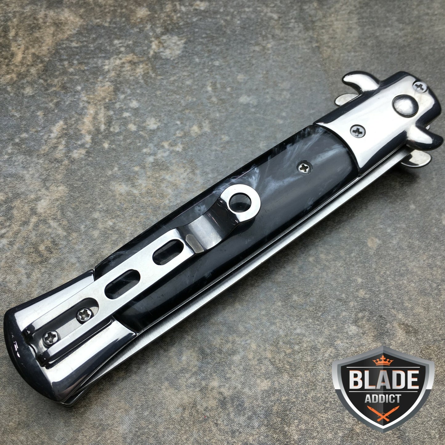 Automatic Folding Comb Switchblade Knife with Brush Black Stainless Steel Handle