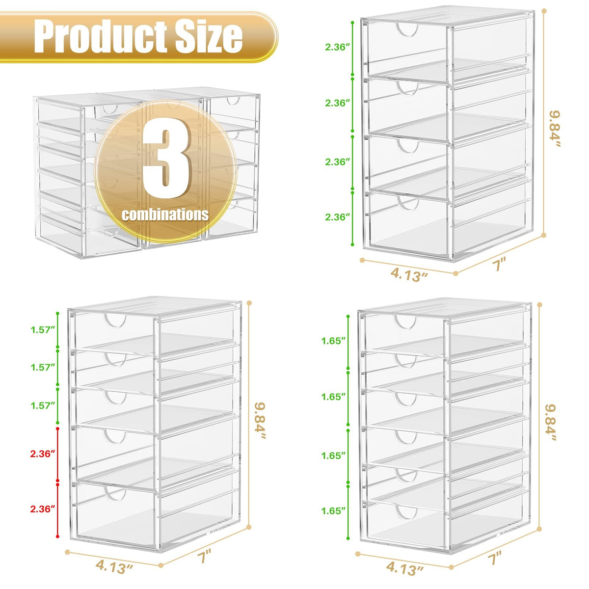 Acrylic 3-Pack Makeup & Jewelry Organizer with 15 Drawers - Clear Storage Bin